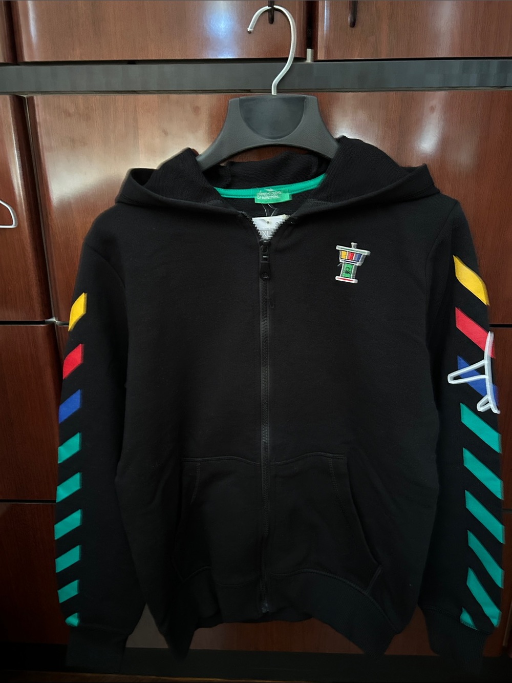 United Colors Of Benetton Black Zip Hoodie with Multicolor Sleeve Stripes